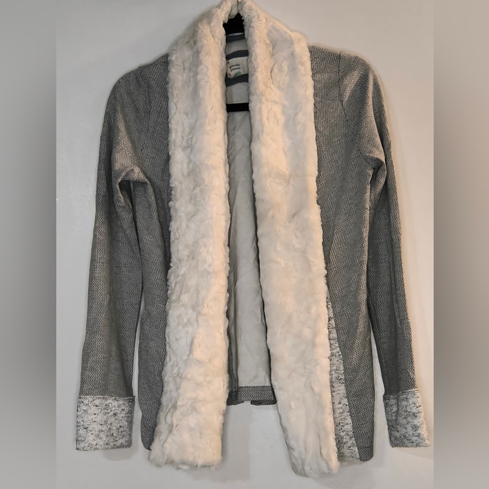 Anthropologie Heather Gray Cardigan with Cream Fur Trim